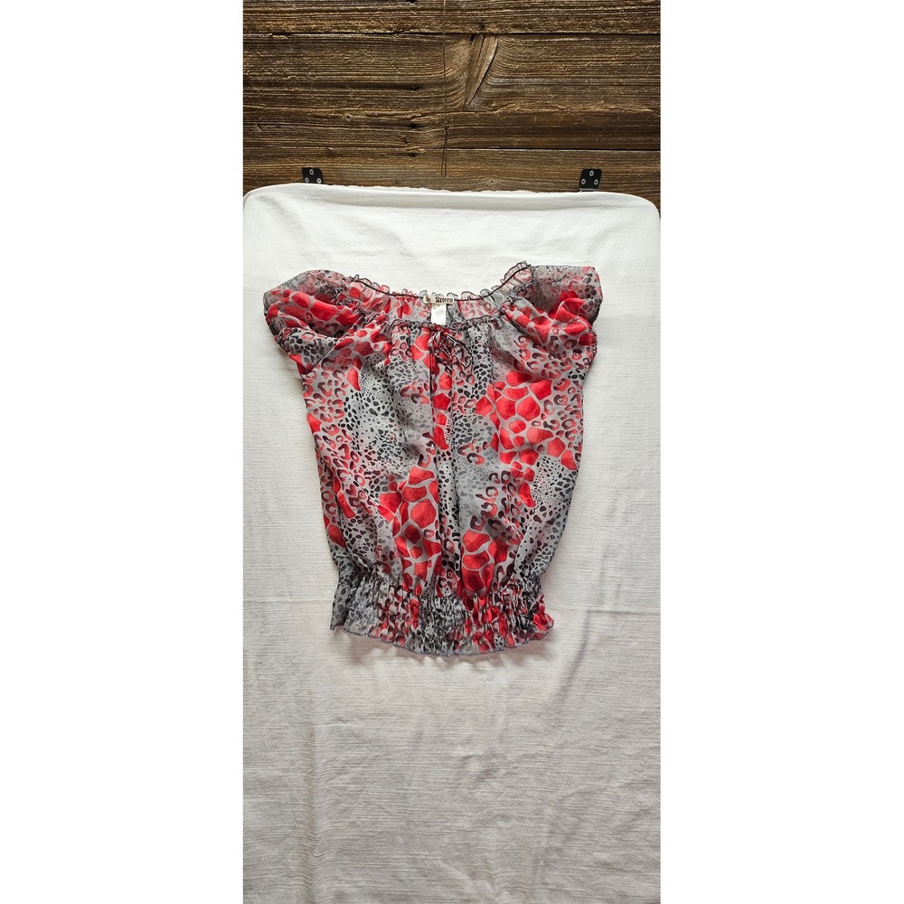 Sixteen Womens Red Grey Animal Print Smocked Hem Chiffon Blouse Medium